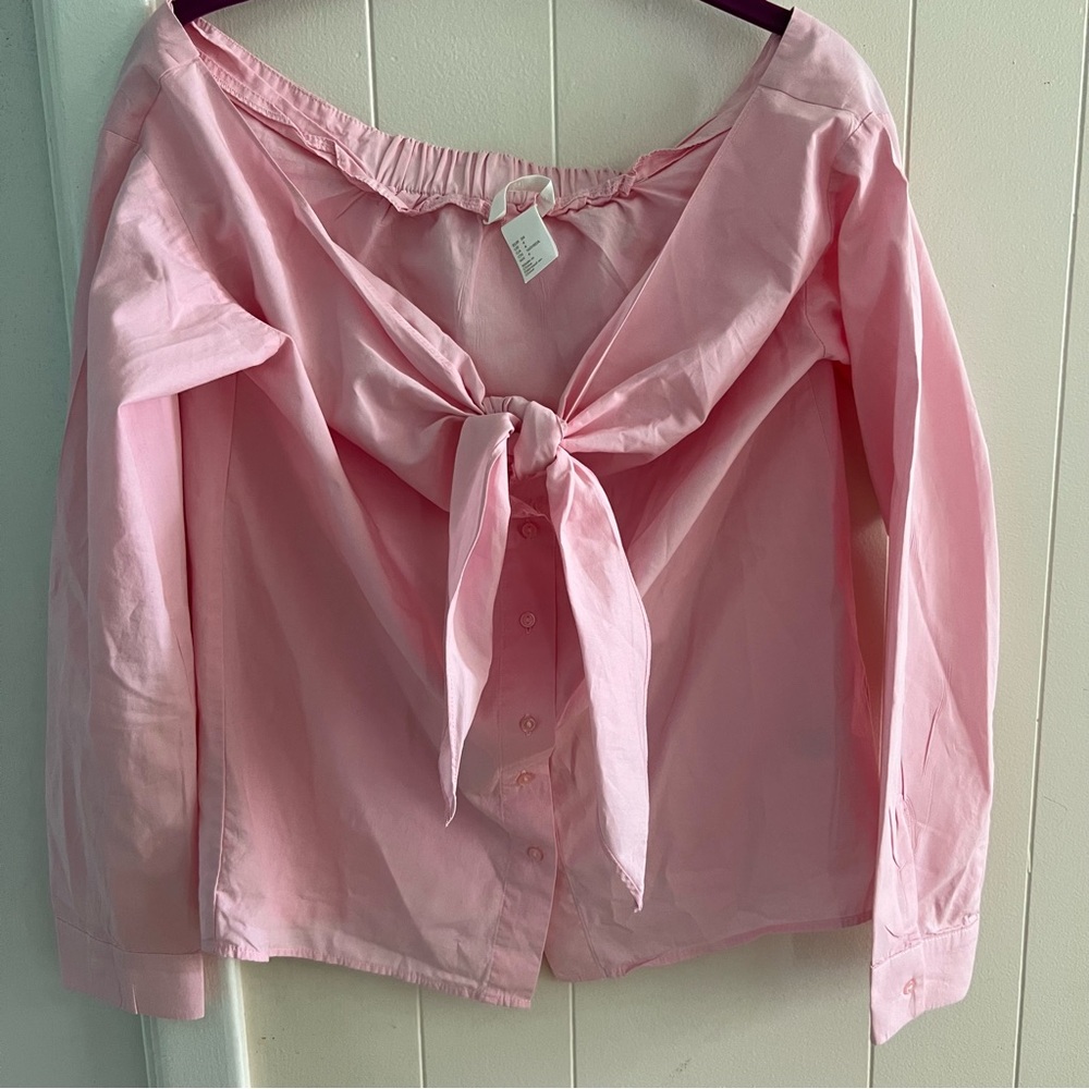 H&M Off The Shoulder Tie Front Shirt Long Roll Tie Sleeve Pink Size 4 Button Up